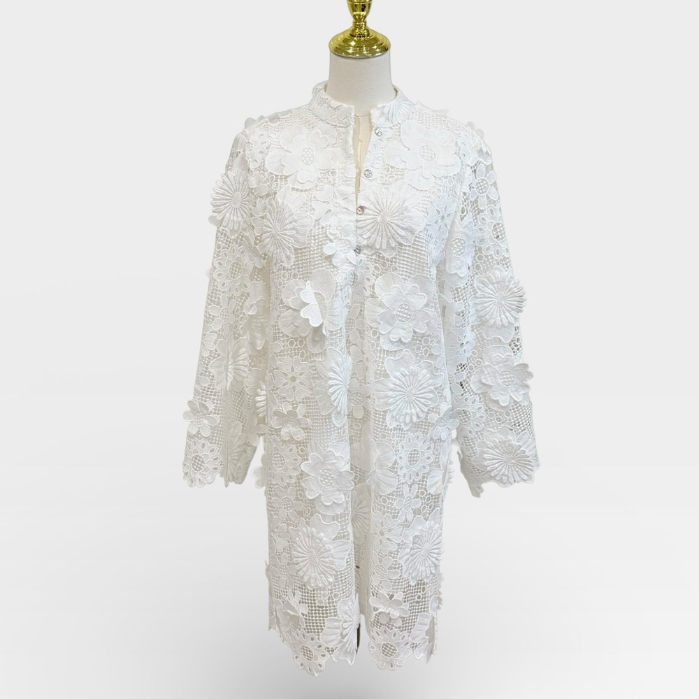 J.Marie Seraphina Shift Dress White Floral 3D Lace 3/4 Sleeve Kaftan NWT - Picture 2 of 14